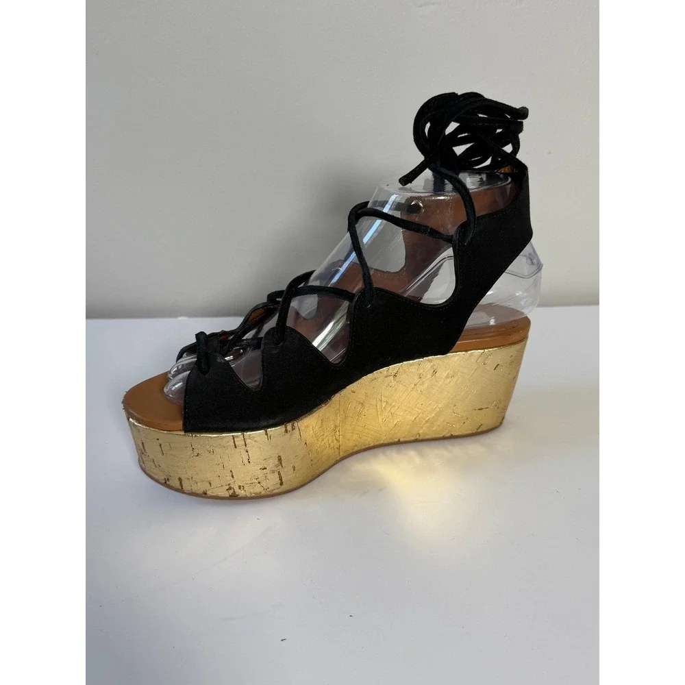 CHLOE See By Chloe Liana Wedge Sandal 6 Black Suede/Gold Cork Platform Gladiator